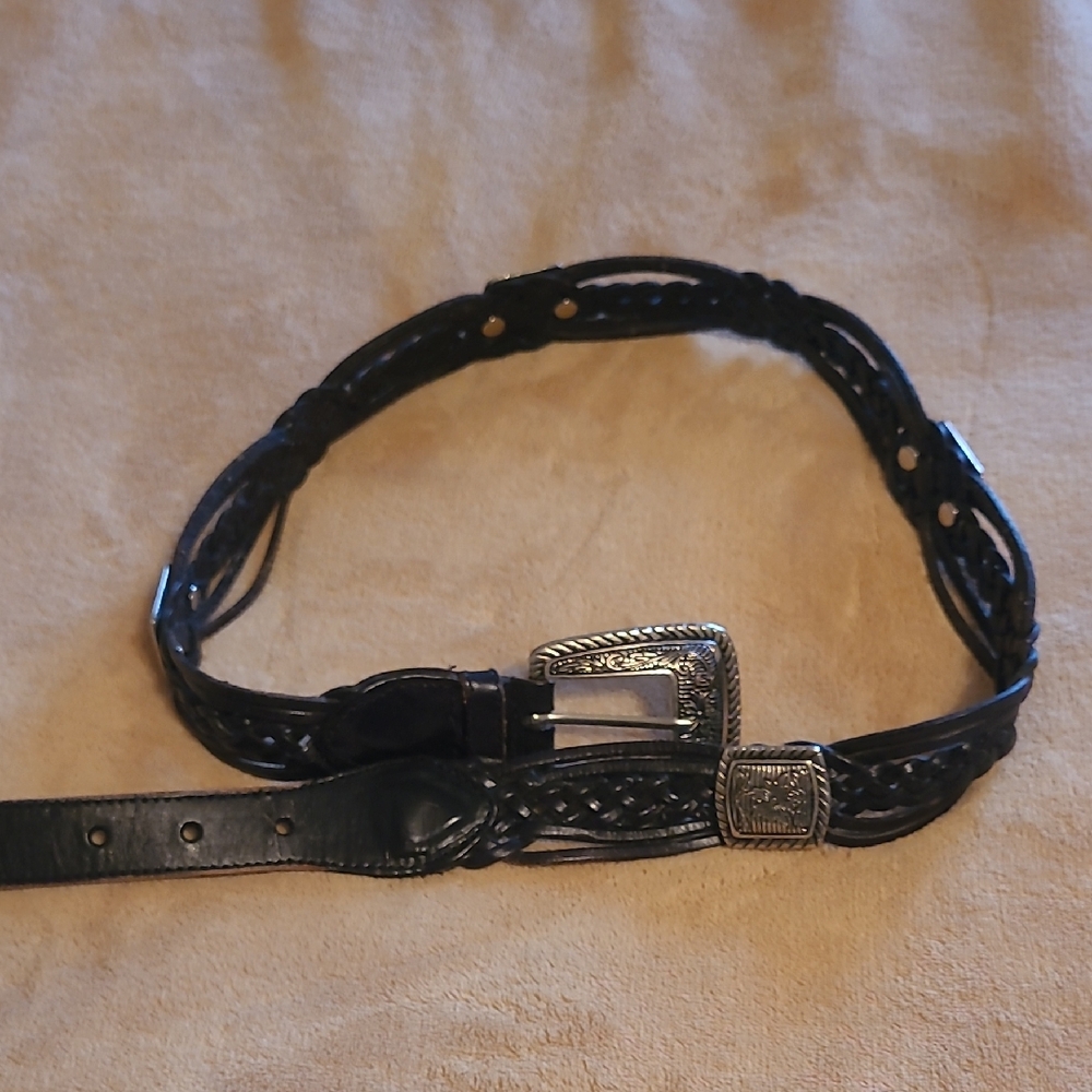Genuine Black Leather Braided Belt With Silver Buckle & Conchos